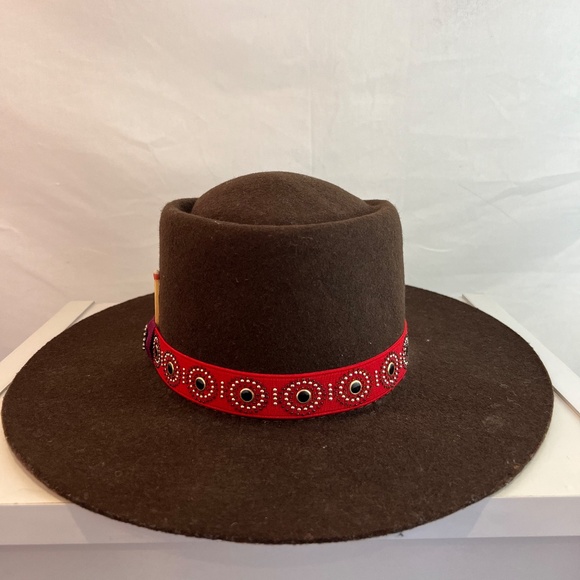Handmade Wool/Felt Cowboy/Sombrero Hat- Brown/Red Studded Ribbon - Size 57/7 1/8 - Picture 2 of 14